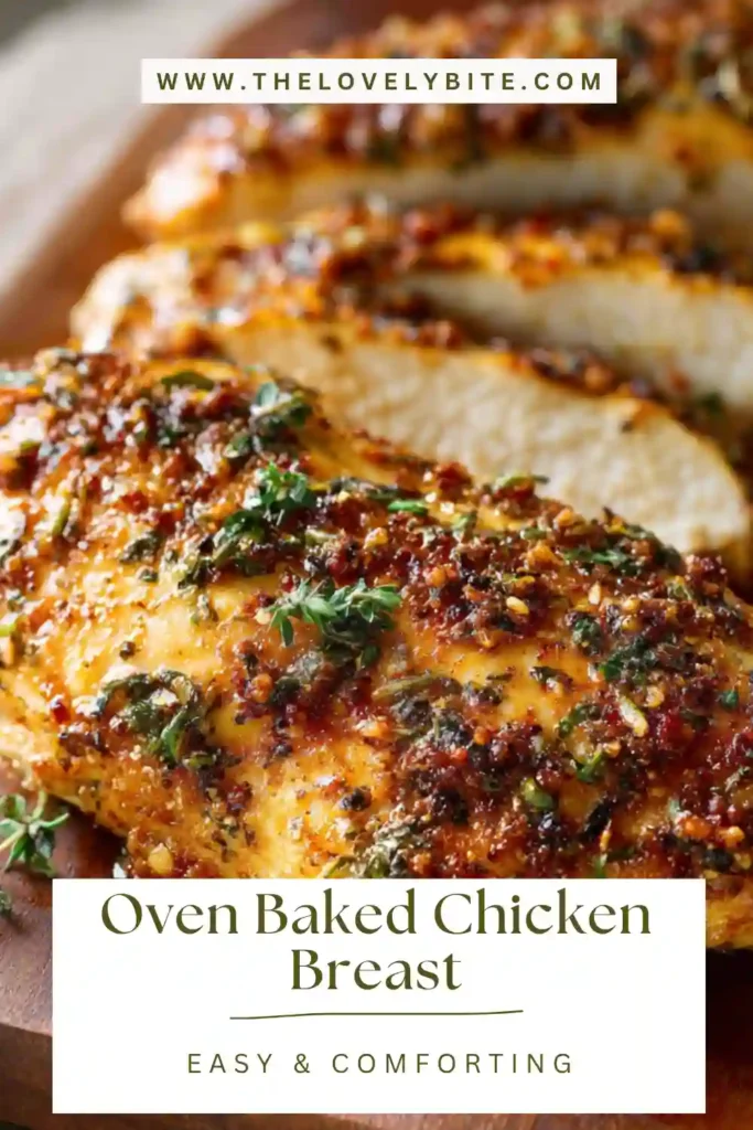 Freshly baked chicken breast with crispy edges and juicy interior, garnished with herbs for a simple dinner.