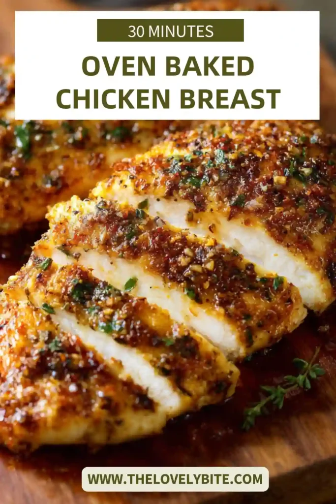 Oven baked chicken breast plated with side dish, showcasing golden color and moist texture.