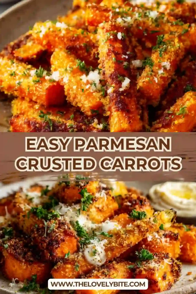 Parmesan Crusted Carrots roasted on a baking sheet with golden crispy cheese edges and tender centers. The carrots are coated in seasoning and baked until perfectly caramelized.