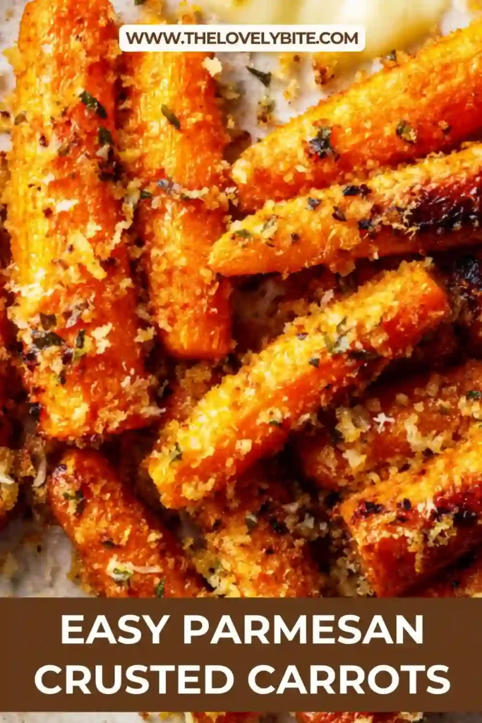 Close-up of crispy Parmesan Crusted Carrots showing a golden cheese crust and soft roasted texture inside. A flavorful and easy oven side dish.