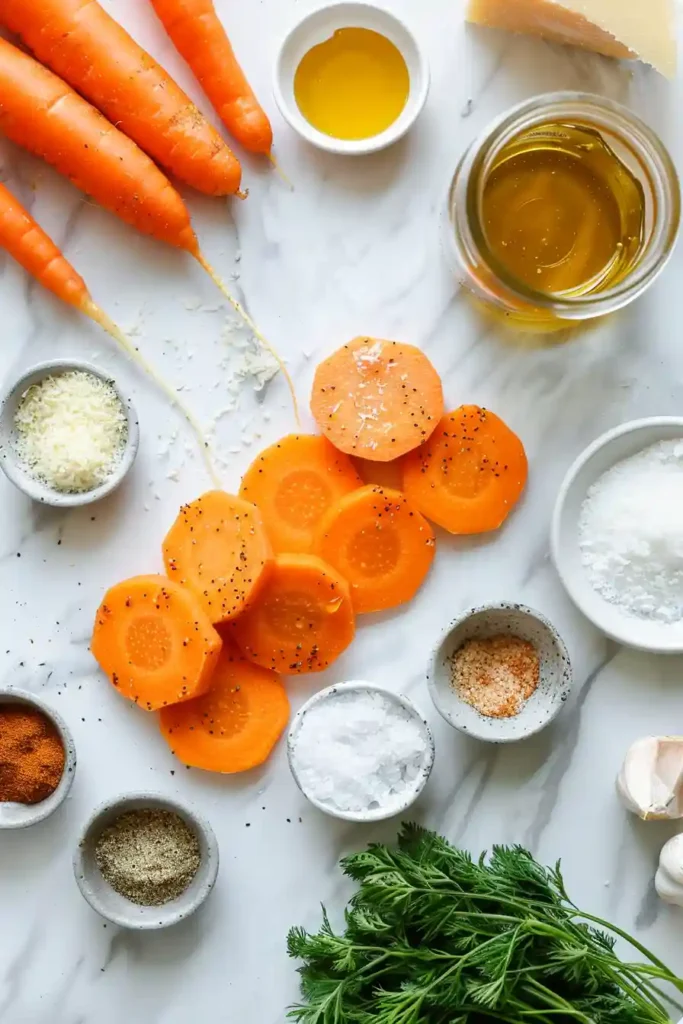 A serving of Parmesan Crusted Carrots with visible seasoning and crunchy cheese topping, freshly baked and ready to serve.