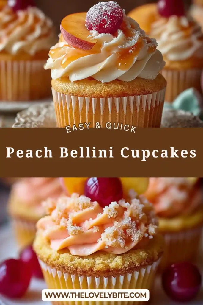 Peach Bellini Cupcakes topped with peach buttercream and fresh peach slices, styled for a summer dessert presentation.