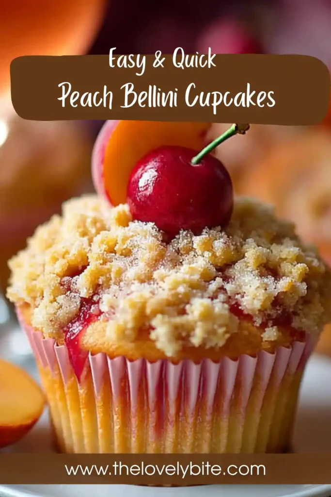 Homemade Peach Bellini Cupcakes arranged on a tray with fresh fruit garnish and pastel tones.