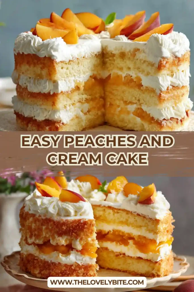 A layered peaches and cream cake topped with fresh sliced peaches and whipped cream. The soft sponge layers are filled with creamy peach filling.
