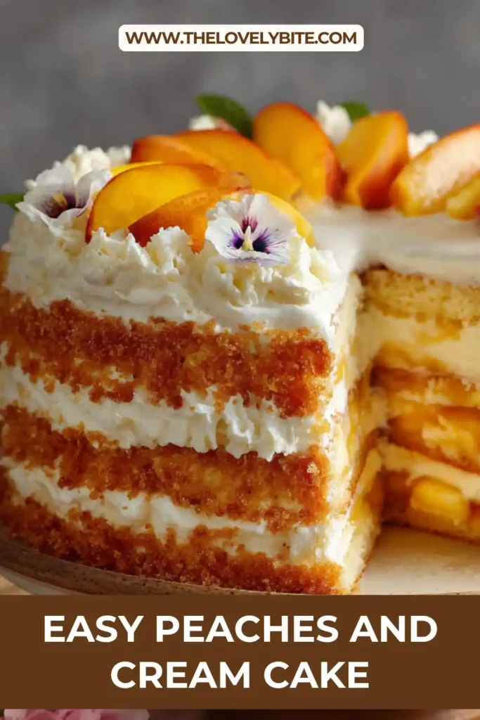 Close-up of peaches and cream cake showing fluffy whipped cream and juicy peach layers. A light and airy summer dessert.