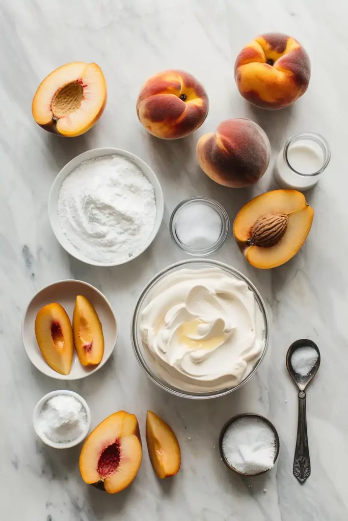 Slice of peaches and cream cake revealing sponge layers and creamy peach filling. Perfect summer fruit dessert.