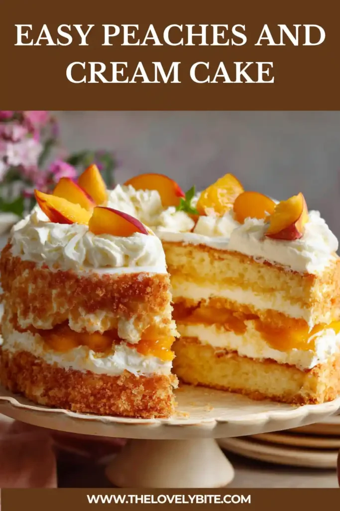 Homemade peaches and cream cake decorated with fresh peach slices on top of whipped cream frosting. Bright and fresh presentation.