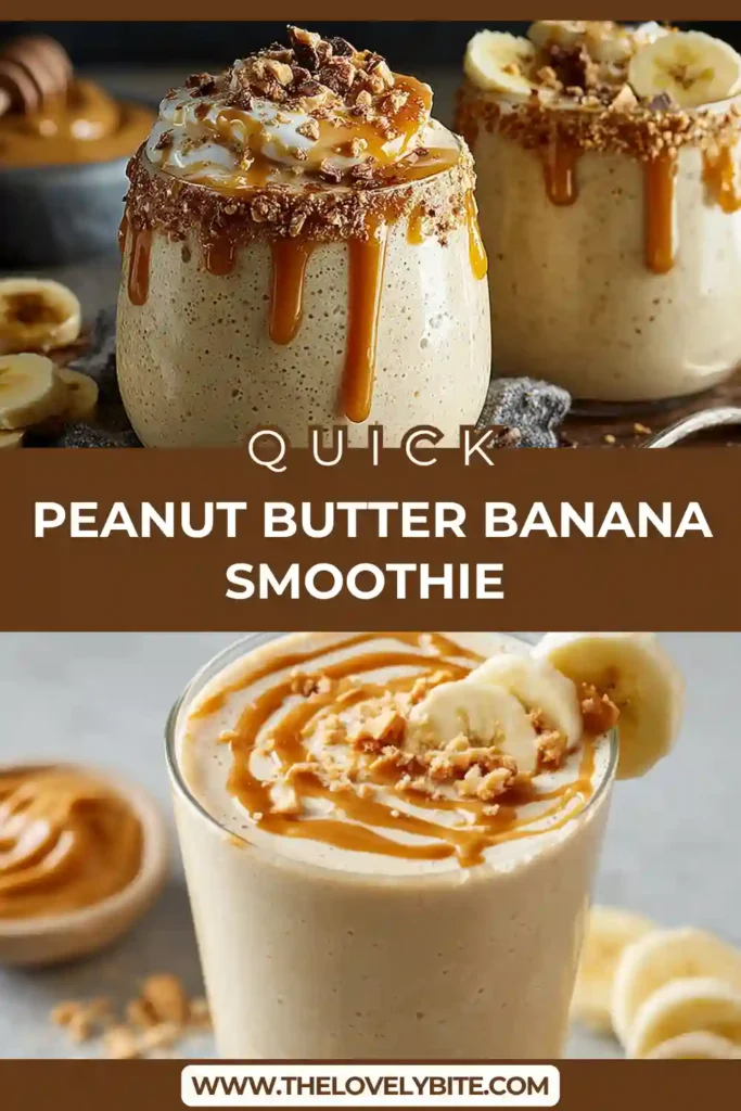 A creamy Peanut Butter Banana Smoothie in a glass, topped with banana slices and a drizzle of peanut butter. The texture looks thick and smooth, perfect for a healthy breakfast.