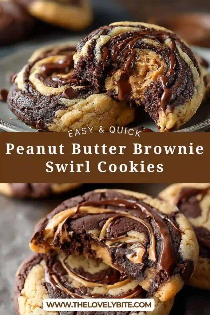 Peanut Butter Brownie Swirl Cookies with a rich chocolate marble pattern and soft chewy texture on a baking tray.