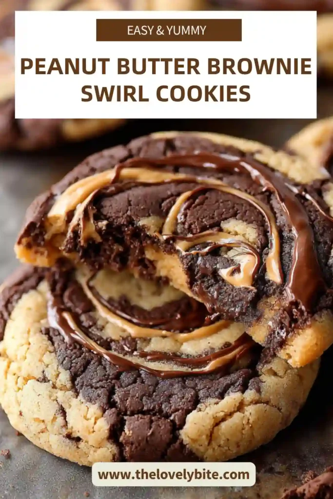 Close-up of Peanut Butter Brownie Swirl Cookies showing gooey centers and chocolate chip pockets.