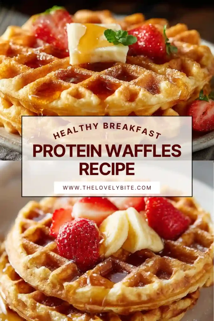 A plate of golden protein waffles topped with fresh berries and honey, showcasing a healthy protein waffles recipe for breakfast.