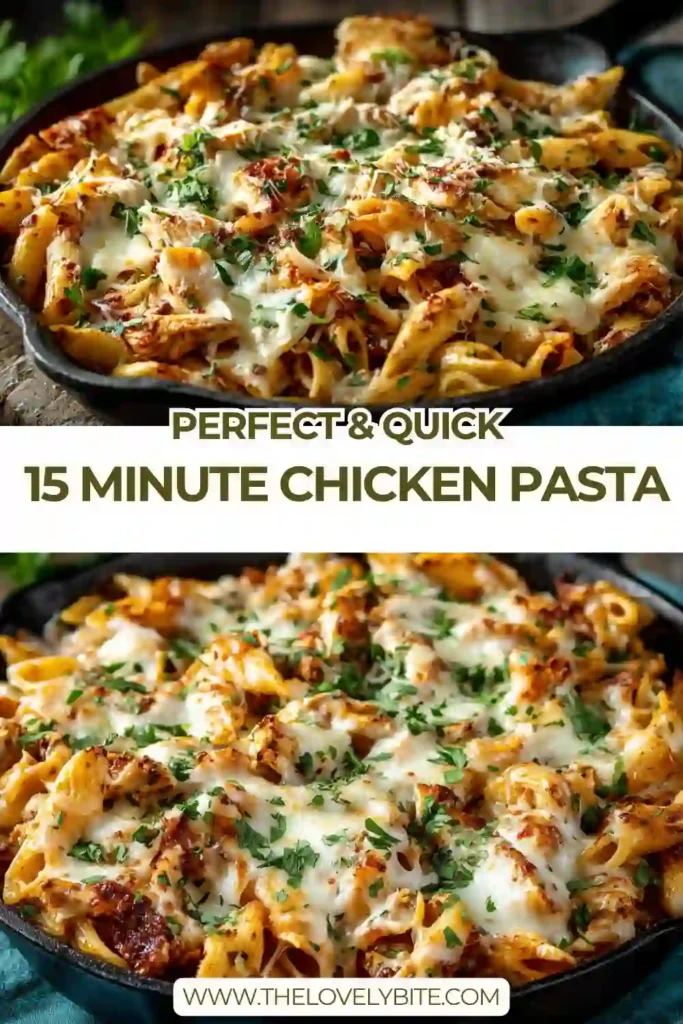 A bowl of Quick and Easy 15 Minute Chicken Pasta made with tender chicken strips, marinara sauce, and melted mozzarella cheese. This easy chicken pasta recipe looks rich, hearty, and perfect for a fast weeknight dinner.