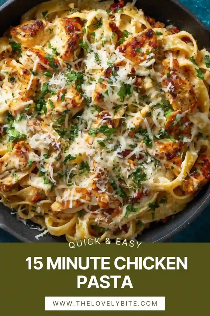 Cheesy Quick and Easy 15 Minute Chicken Pasta served warm with pasta, seasoned chicken, bell peppers, and tomato sauce. The dish is colorful, comforting, and ideal for a simple family meal.