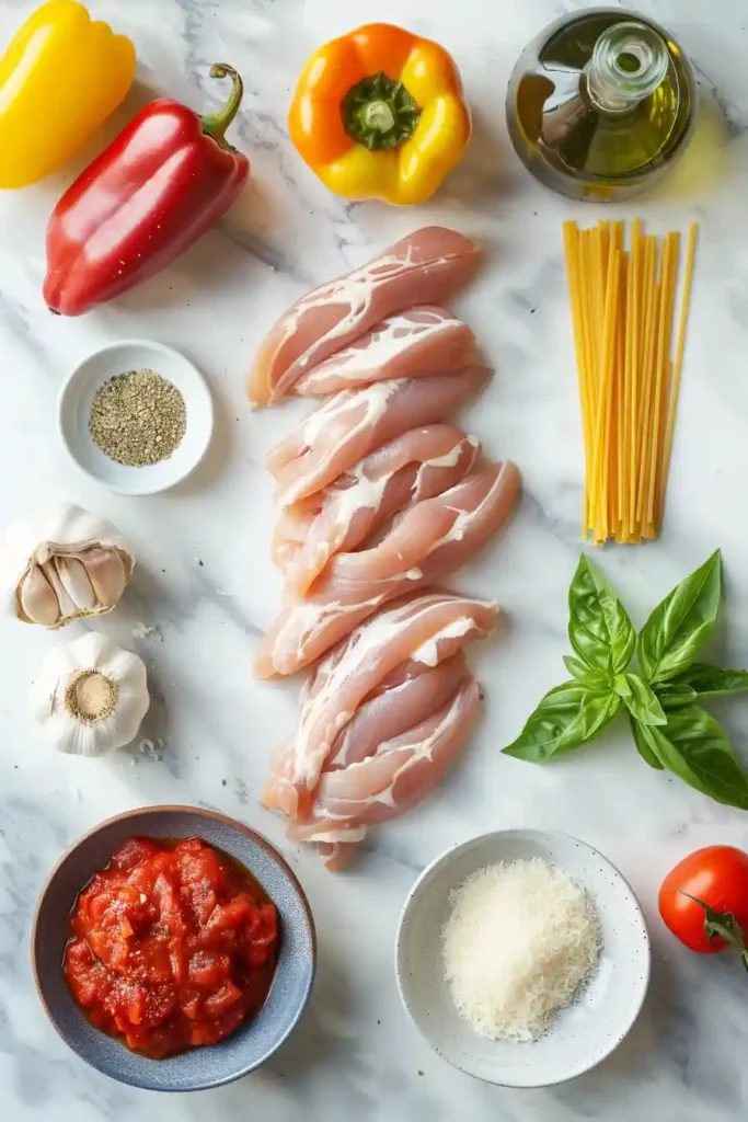 A freshly cooked skillet of Quick and Easy 15 Minute Chicken Pasta topped with mozzarella and Parmesan. The pasta is coated in marinara sauce and filled with tender chicken and vegetables for an easy stovetop meal.