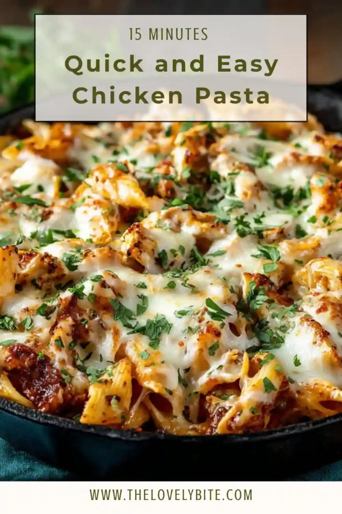 Close-up of Quick and Easy 15 Minute Chicken Pasta with juicy chicken, pasta shells, marinara sauce, and melted cheese. This quick chicken pasta dinner has a saucy, savory finish that looks irresistible.