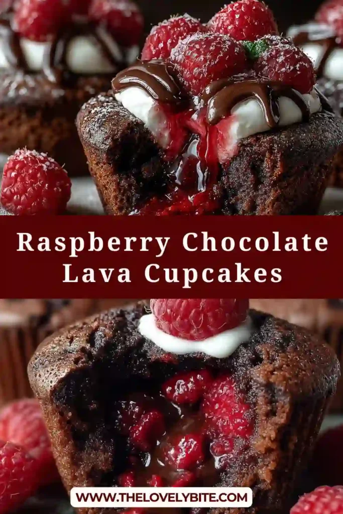 Raspberry Chocolate Lava Cupcakes with molten chocolate center and fresh raspberries on top, served warm on a plate.