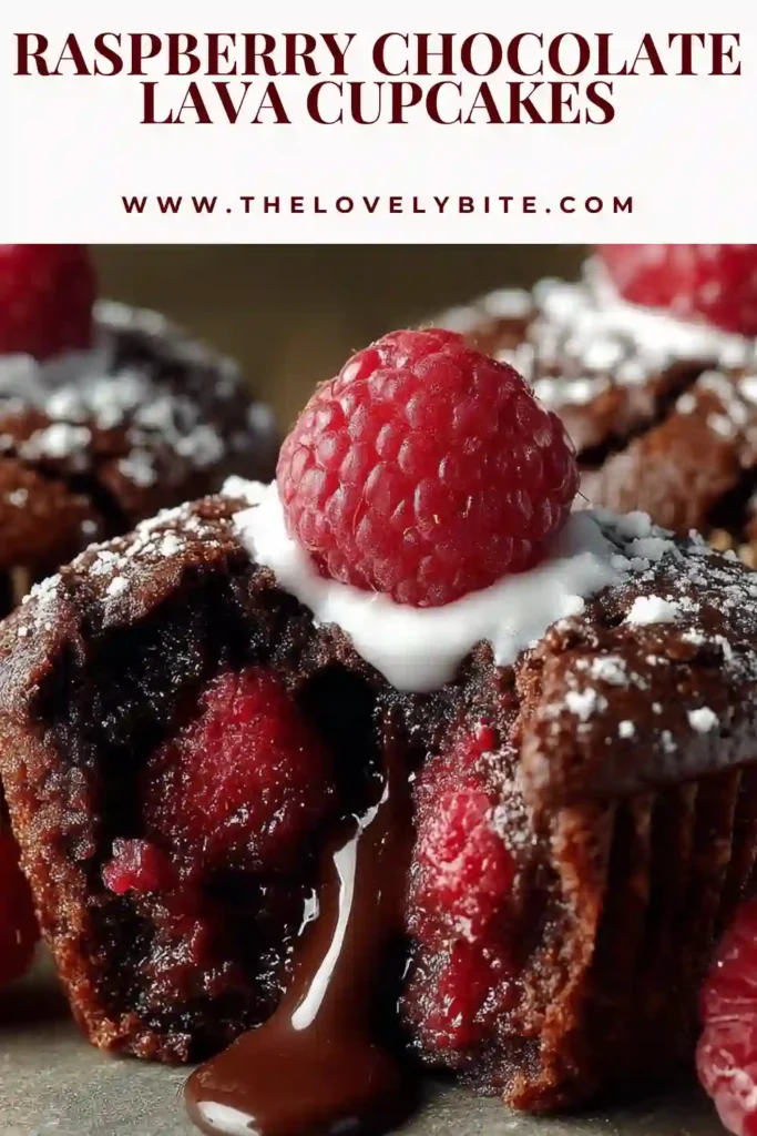 Close-up of gooey Raspberry Chocolate Lava Cupcakes showing rich melted chocolate and berry filling inside.