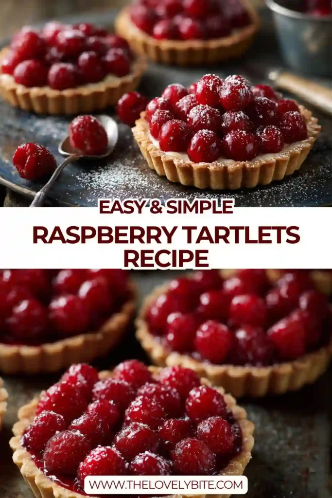 Raspberry tartlets filled with creamy custard and topped with fresh raspberries arranged neatly in golden pastry shells. The dessert looks vibrant and elegant.