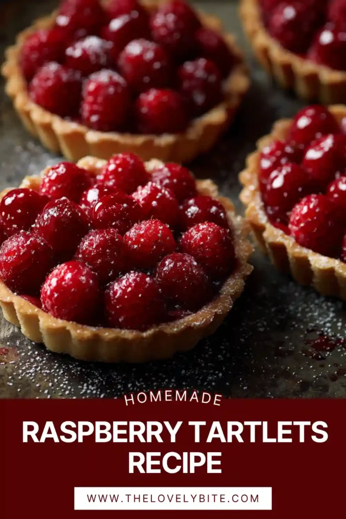 Close-up of homemade raspberry tartlets showing glossy raspberry glaze over fresh berries and smooth crème pâtissière filling.