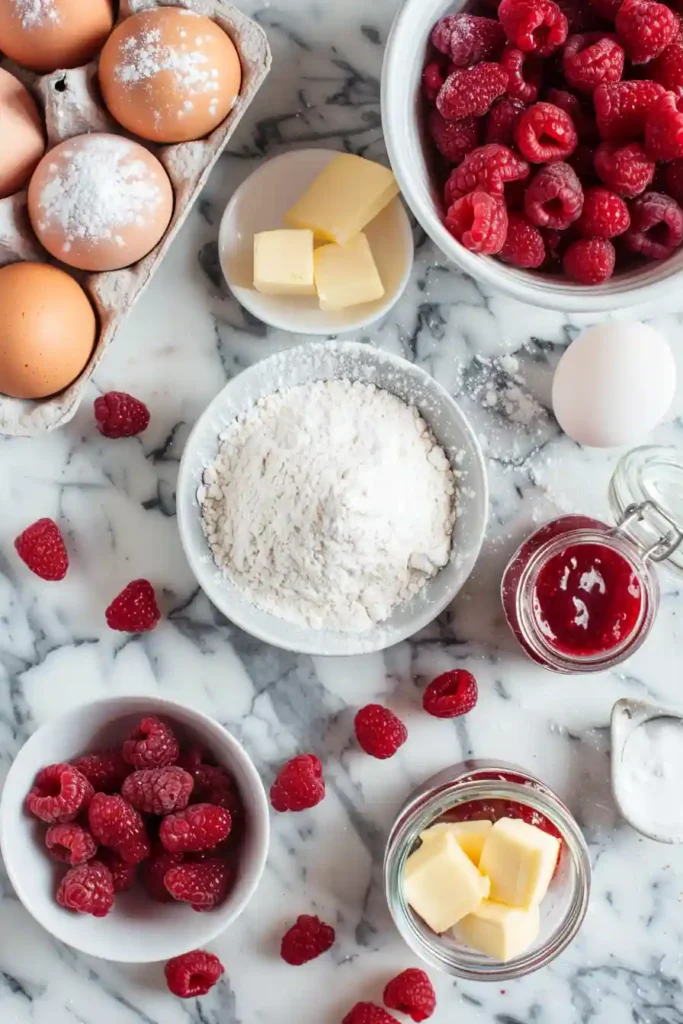 Mini raspberry tartlets served on a plate with bright red berries and creamy filling in golden pastry cups.
