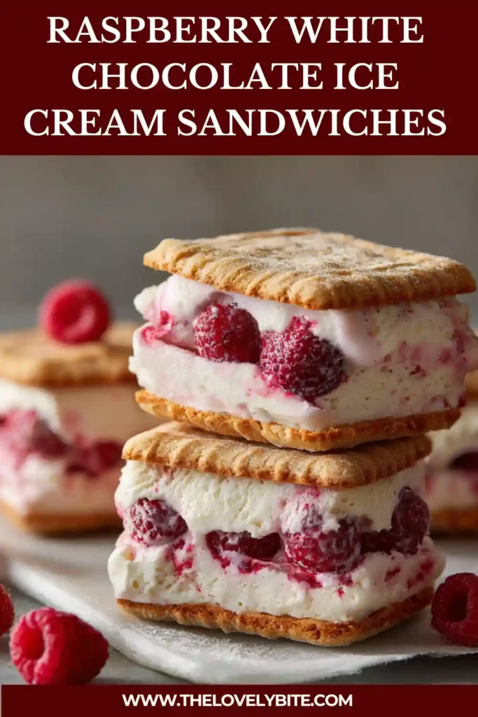 Raspberry White Chocolate Ice Cream Sandwiches layered with creamy filling and biscuit shells, showing a rich ripple of raspberry sauce throughout.