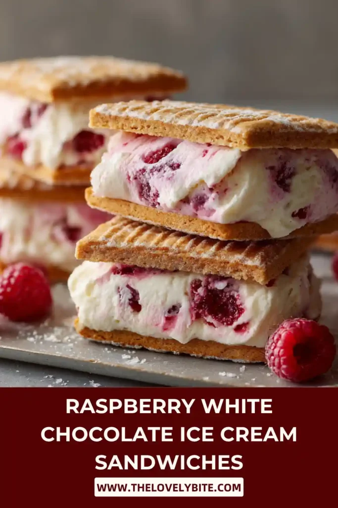 Close-up of homemade Raspberry White Chocolate Ice Cream Sandwiches with visible chunks of white chocolate and vibrant raspberry swirls.