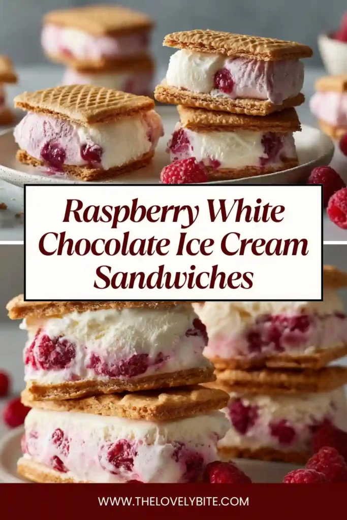 Frozen Raspberry White Chocolate Ice Cream Sandwiches stacked on a plate, highlighting creamy texture and crisp biscuit layers.