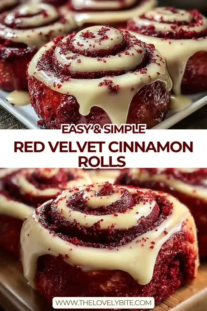 Freshly baked Red Velvet Cinnamon Rolls with cream cheese frosting melting on top. Soft, fluffy rolls with rich red color and cinnamon filling.