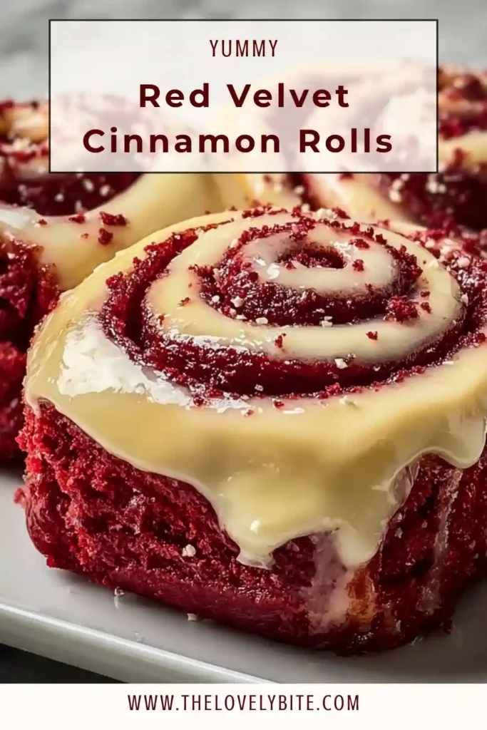 A tray of Red Velvet Cinnamon Rolls freshly baked and frosted. Fluffy texture and vibrant red color make them visually appealing.