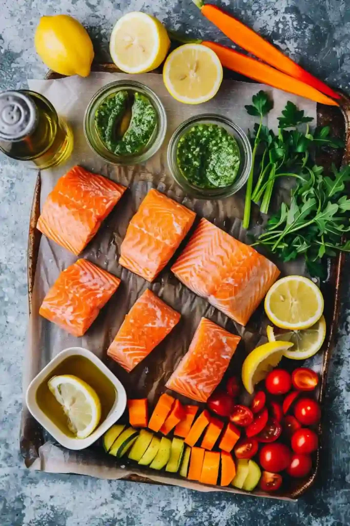 A roasted salmon veggie bowl sheet pan dinner served with colorful roasted vegetables and fresh greens. The salmon looks flaky and perfectly cooked.