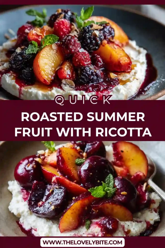 Bowl of roasted summer fruit with ricotta showing caramelized peaches, blackberries, and raspberries with a creamy base.