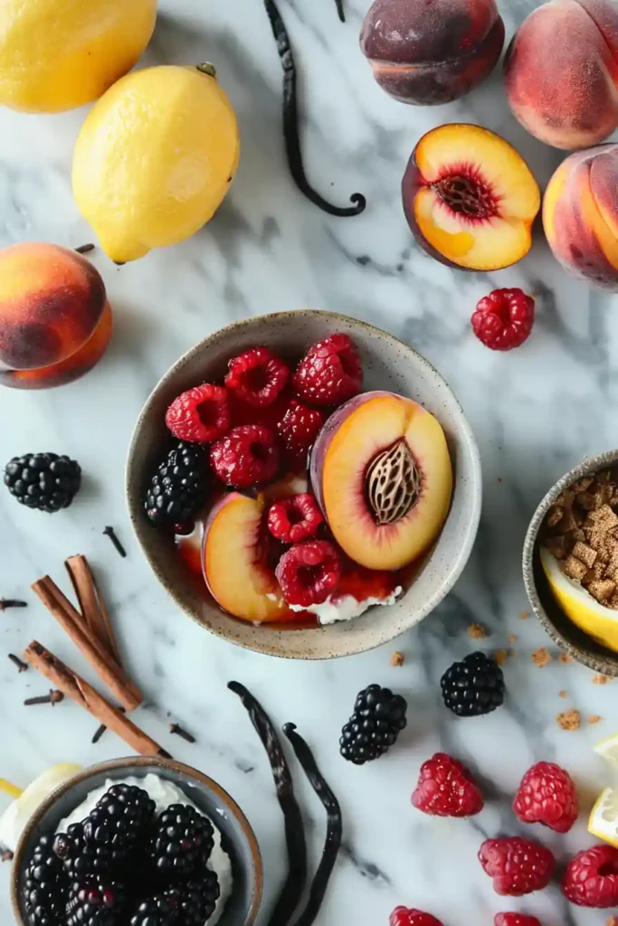 Roasted Summer Fruit with Ricotta served on a plate with juicy peaches, berries, and creamy ricotta topped with hazelnuts. A warm and vibrant dessert perfect for summer.