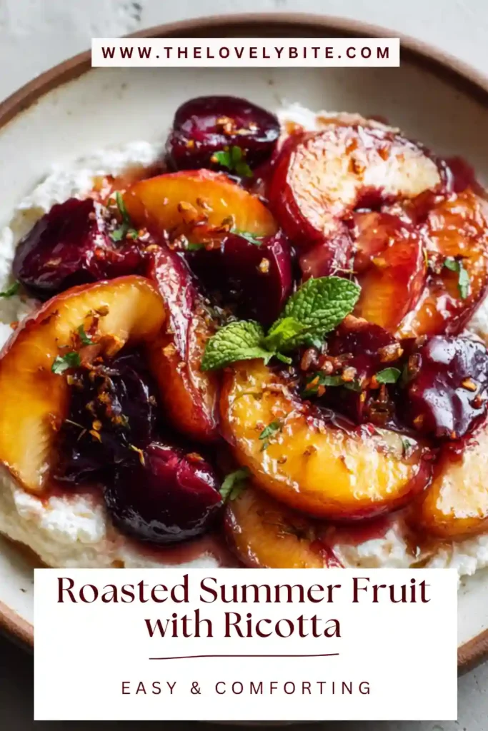 Freshly roasted fruit served over whipped ricotta with golden juices and crunchy hazelnuts in a rustic presentation.