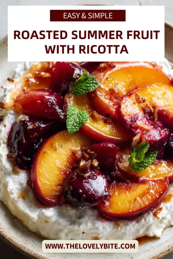 Close-up of roasted peaches and berries over sweet ricotta with honey and crushed hazelnuts. A simple and elegant roasted fruit dessert.