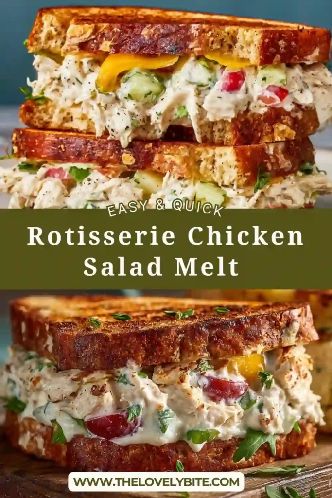 A golden brown Rotisserie Chicken Salad Melt is sliced in half and served warm on a plate. The sandwich is filled with creamy chicken salad, tomato slices, and melted cheese on crisp whole-wheat bread.