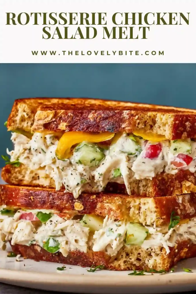 This Rotisserie Chicken Salad Melt features shredded rotisserie chicken mixed with a creamy yogurt and mayonnaise dressing. Melted cheese and fresh tomato add rich flavor and a juicy texture to the toasted sandwich.