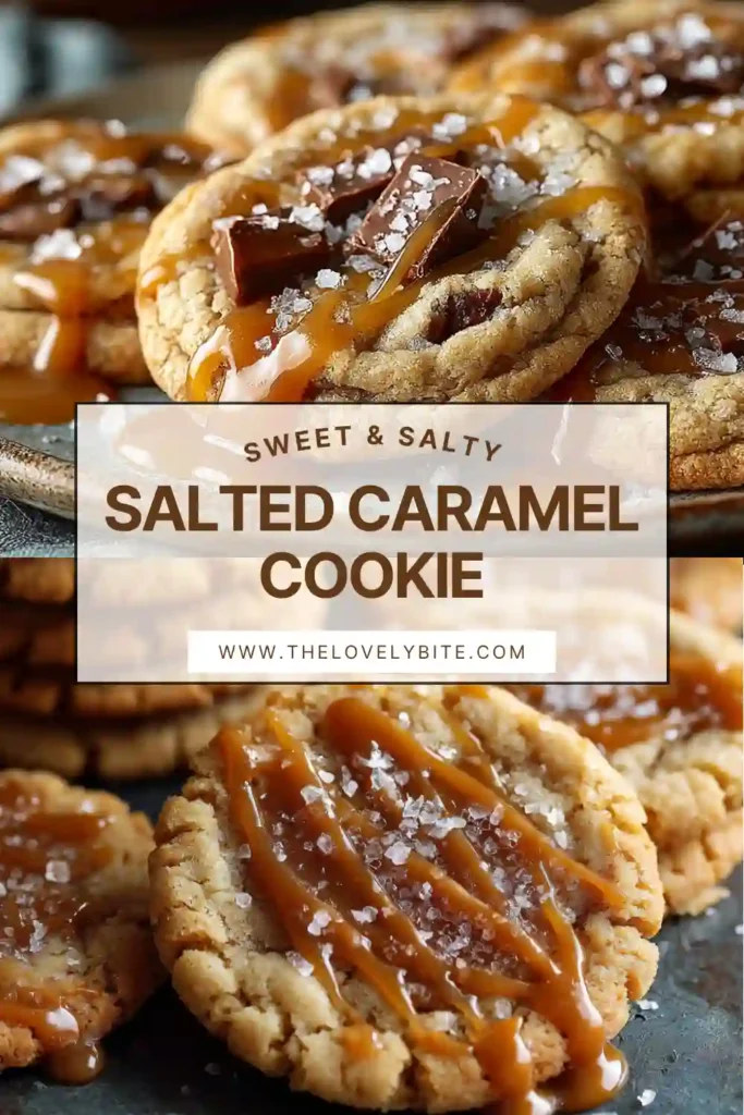 Freshly baked salted caramel cookies with gooey caramel chips and flaky sea salt on top. The cookies have golden edges and soft centers.