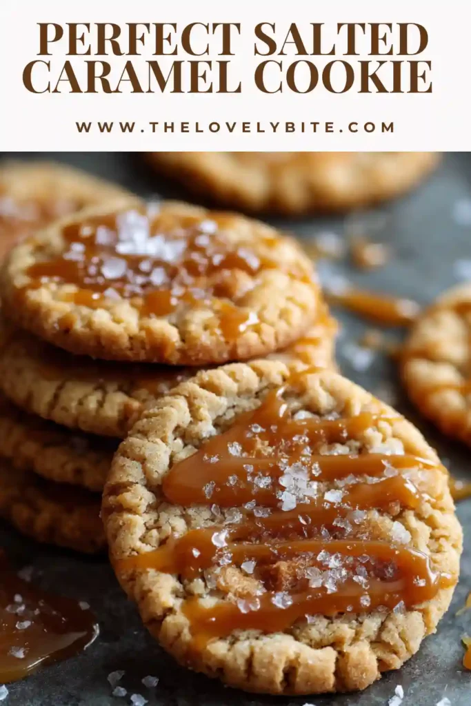 Close-up of a salted caramel cookie recipe showing melted caramel pockets and a chewy texture. Sprinkled with sea salt for contrast.
