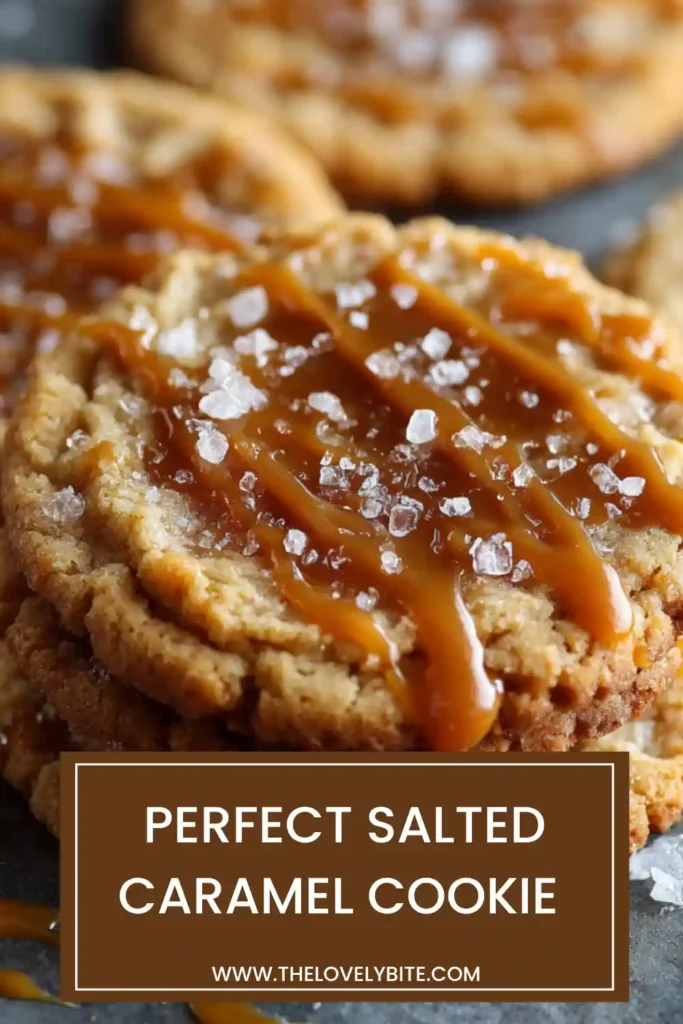 Stack of homemade salted caramel cookies with visible caramel chips and slightly crisp edges. Warm and freshly baked appearance.
