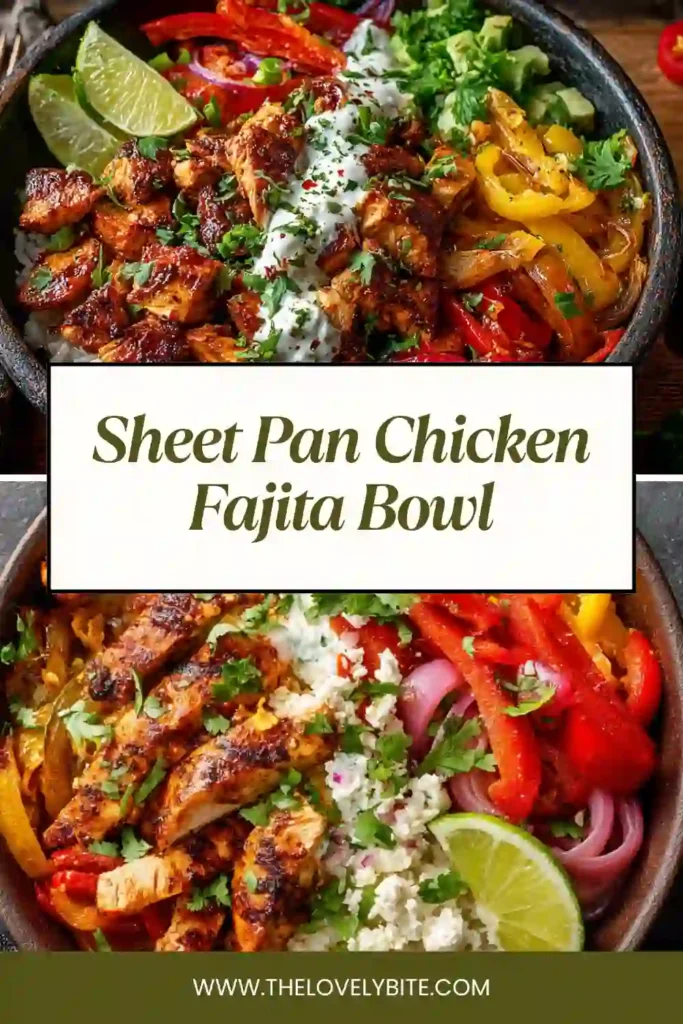 Healthy Sheet Pan Chicken Fajita Bowl featuring roasted vegetables, seasoned chicken, and lime wedges.