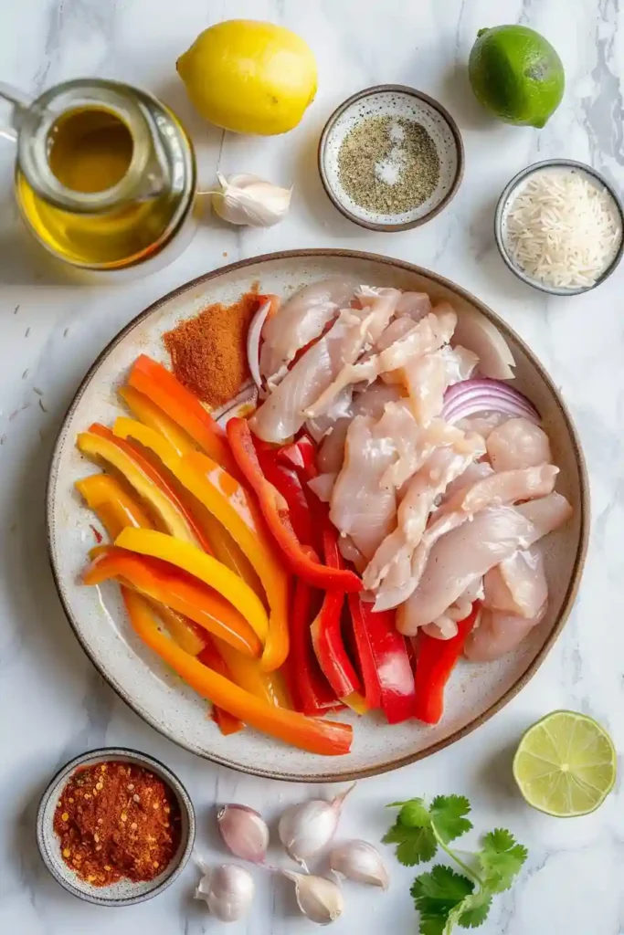 Overhead view of a chicken fajita bowl with vibrant peppers, seasoned chicken, and fresh garnishes.