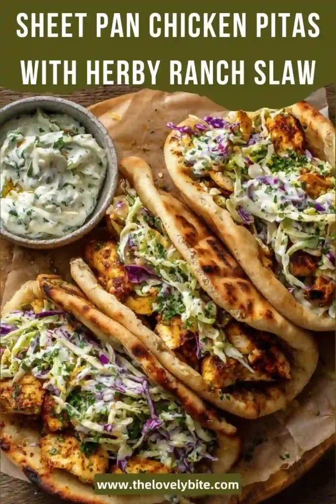 Close-up of chicken pita sandwich with crispy sheet pan chicken and creamy cabbage slaw, perfect for quick dinners.