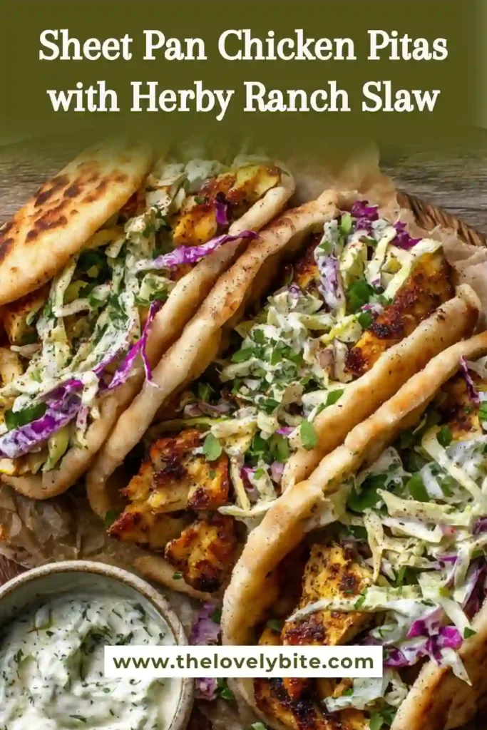 Freshly assembled Sheet Pan Chicken Pitas with green herbs, cabbage slaw, and juicy chicken pieces.
