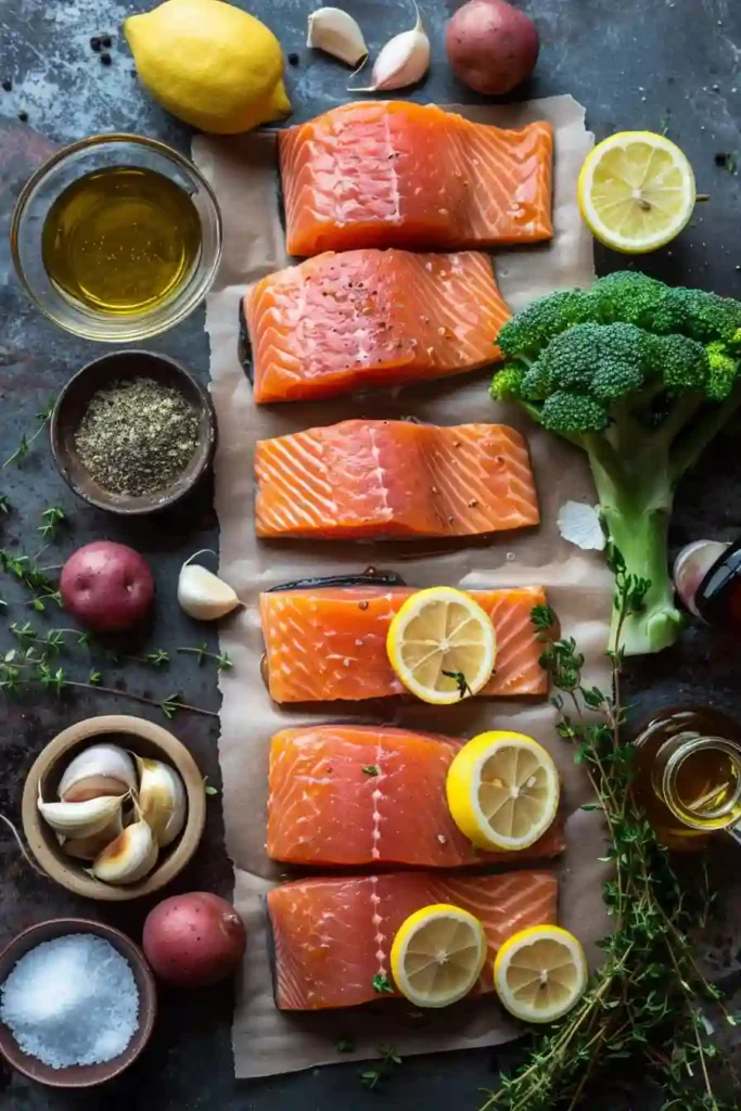Sheet Pan Honey Mustard Salmon served with roasted potatoes and broccoli on a baking tray. The salmon is glazed and perfectly cooked with a golden finish.