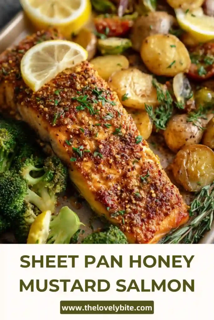 Close-up of honey mustard salmon with crispy potatoes and roasted broccoli on a sheet pan. The glaze appears glossy and flavorful.
