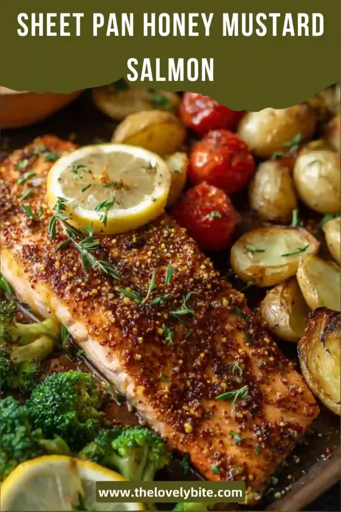 Oven-baked Sheet Pan Honey Mustard Salmon alongside vegetables, showing a balanced and colorful meal. The textures look tender and crisp.