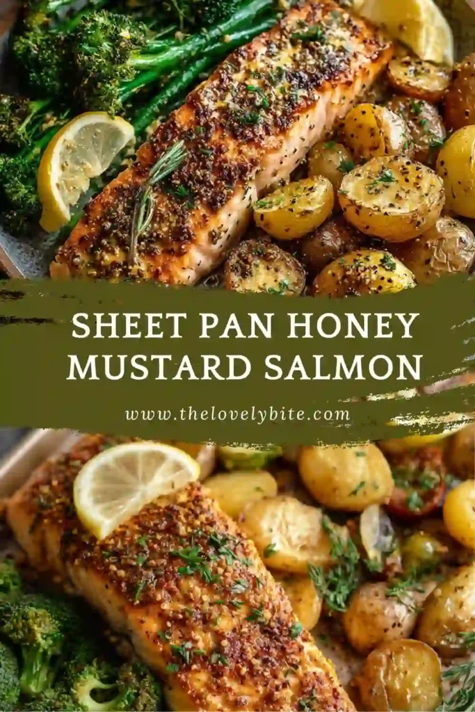 Freshly cooked Sheet Pan Honey Mustard Salmon plated with lemon wedges, potatoes, and broccoli. A healthy and vibrant dinner option.