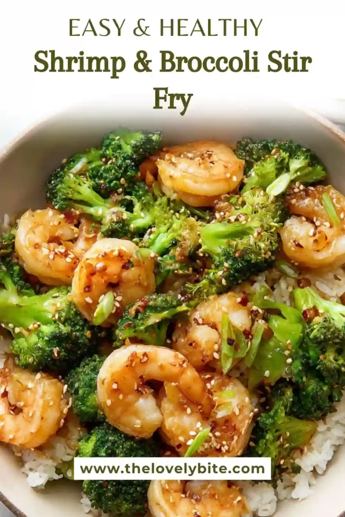 Shrimp & Broccoli Stir Fry served over brown rice with glossy sauce coating tender shrimp and crisp broccoli florets in a bowl.