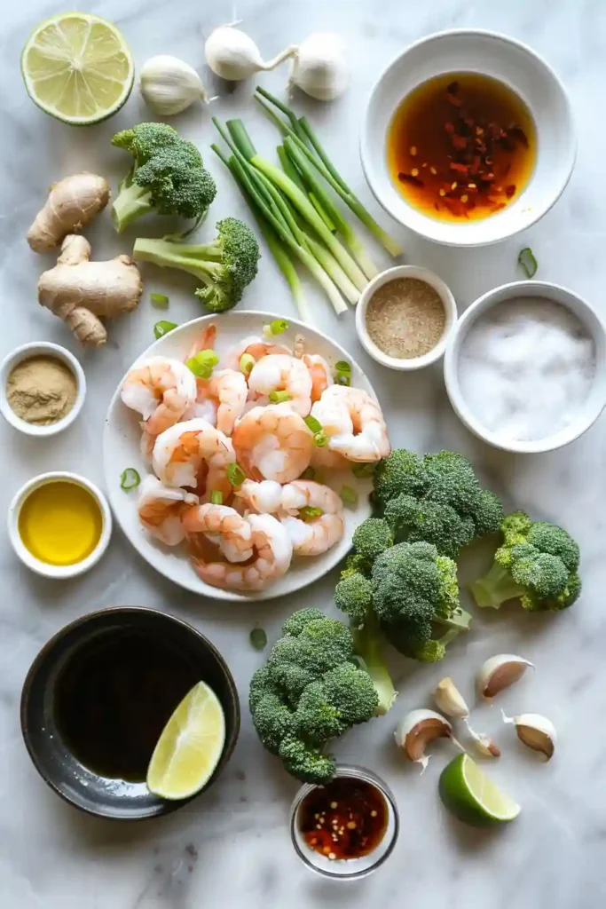 Homemade shrimp and broccoli stir fry with garlic, ginger, and sauce, presented as a quick and nutritious meal.