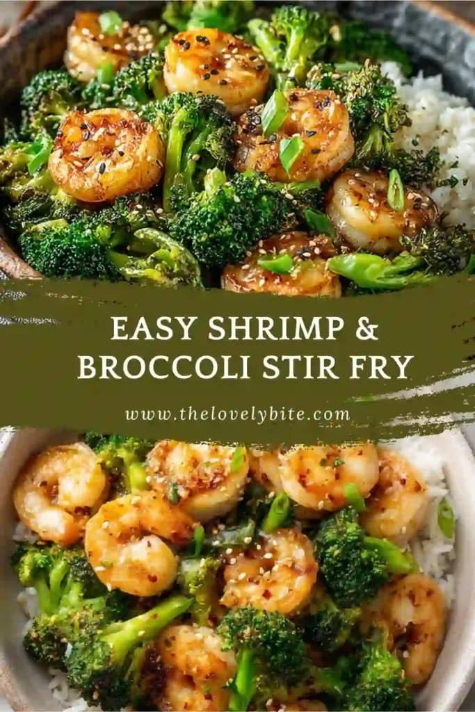 Healthy shrimp broccoli stir fry plated with rice, showing juicy shrimp and lightly charred broccoli in a rich glaze.